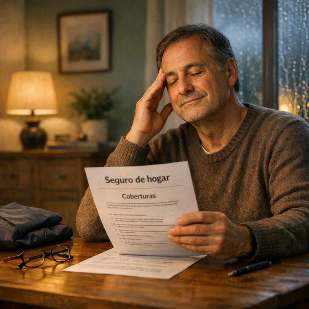 Seguro tranquilidad con persona en casa revisando una póliza junto a una ventana con lluvia