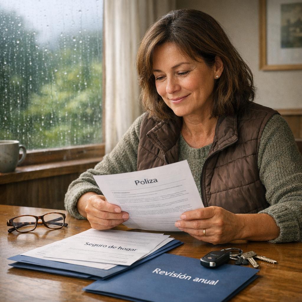 Revisar pólizas seguro en casa con persona leyendo documentos, llaves y carpeta sobre una mesa junto a ventana con lluvia