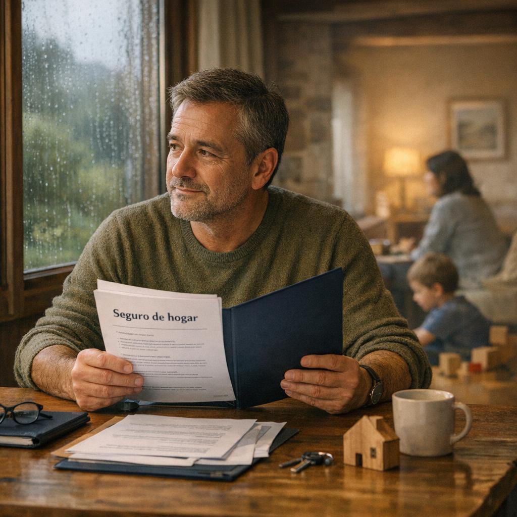 Seguro familiar completo con persona revisando póliza en casa junto a documentos, lluvia en la ventana y familia al fondo