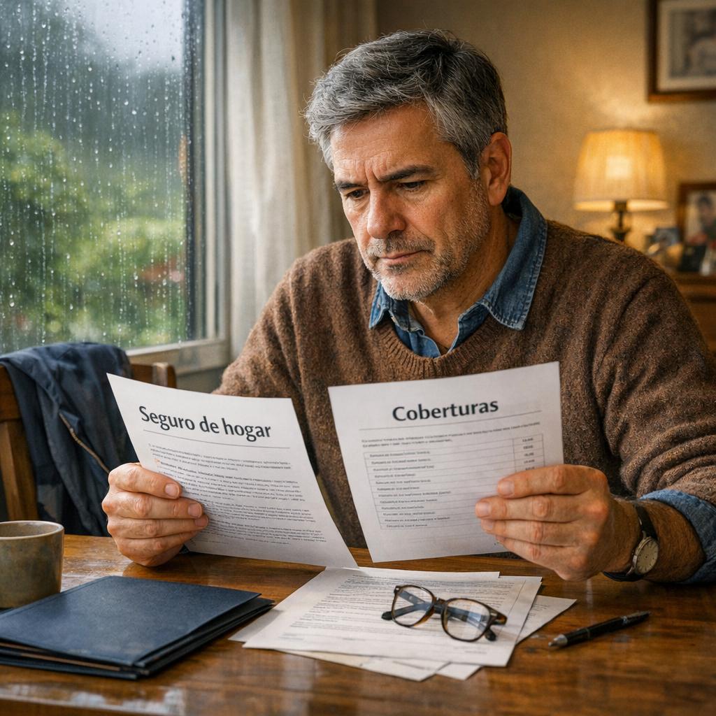 Comparar seguros baratos con persona en casa revisando dos documentos de seguro junto a una ventana con lluvia