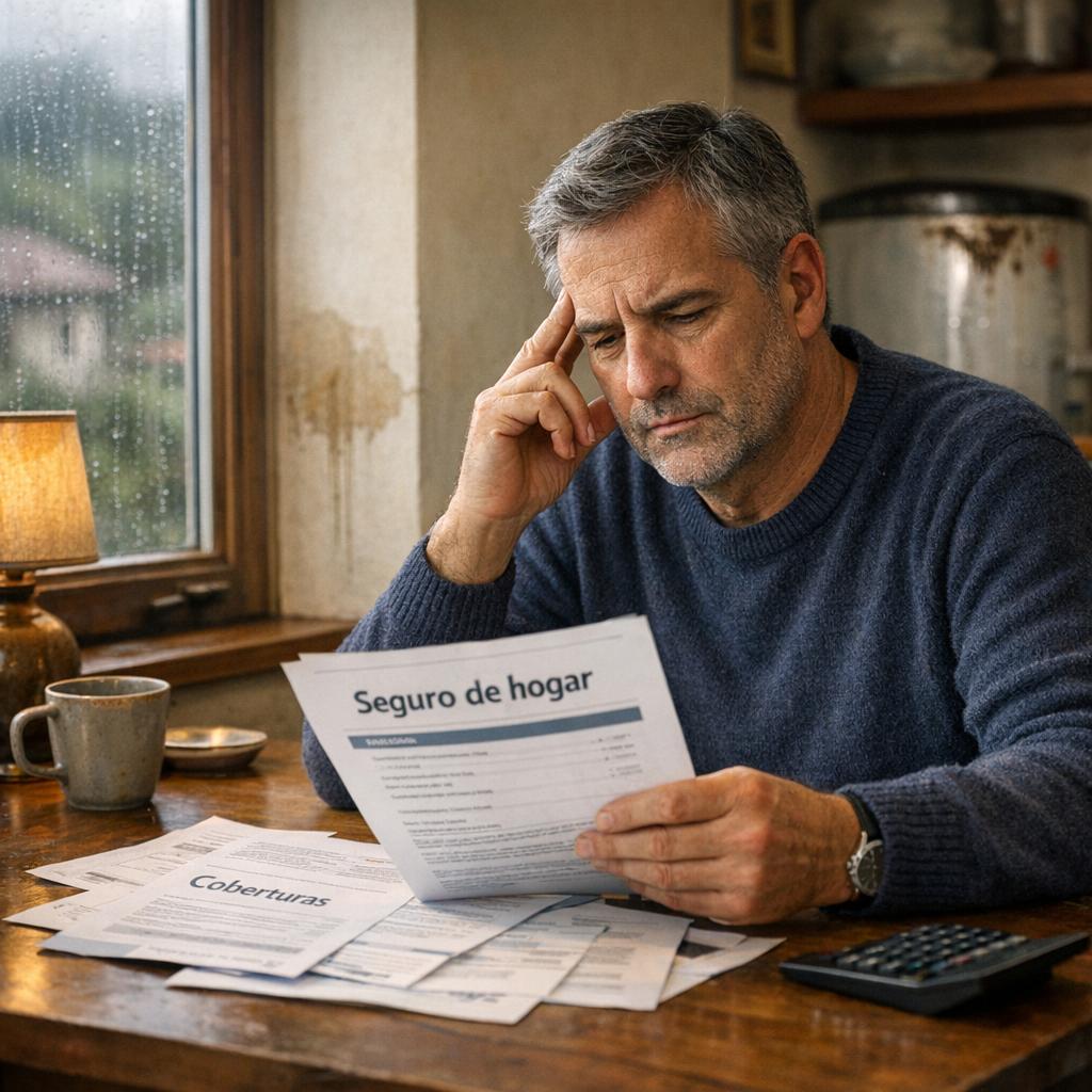 Errores contratar seguro con persona revisando póliza en casa y mancha de humedad junto a ventana con lluvia
