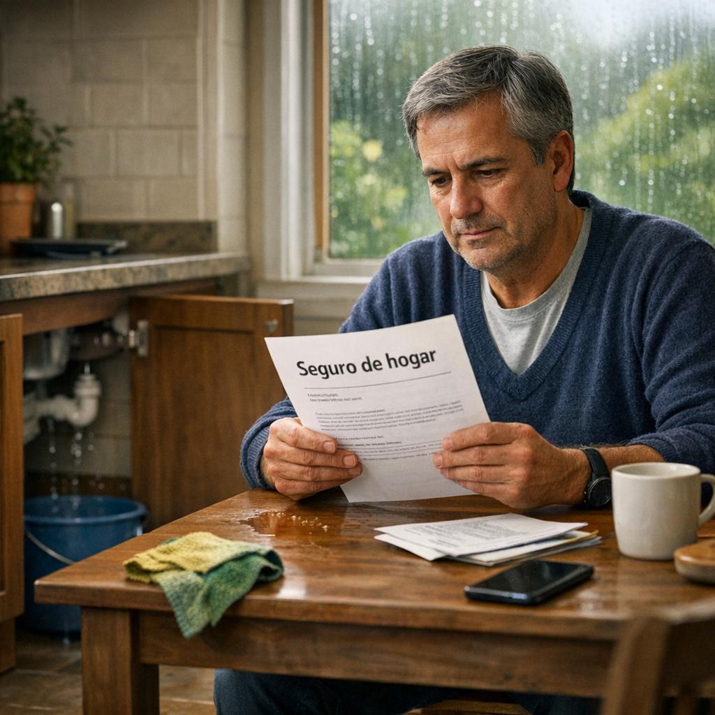 Seguro hogar diario con persona revisando póliza en la cocina junto a una fuga bajo el fregadero