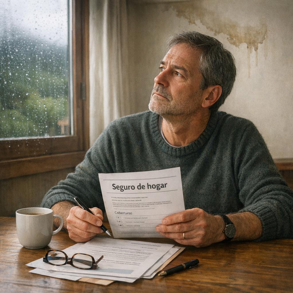 Cobertura insuficiente seguro con persona revisando póliza ante una mancha de humedad en casa