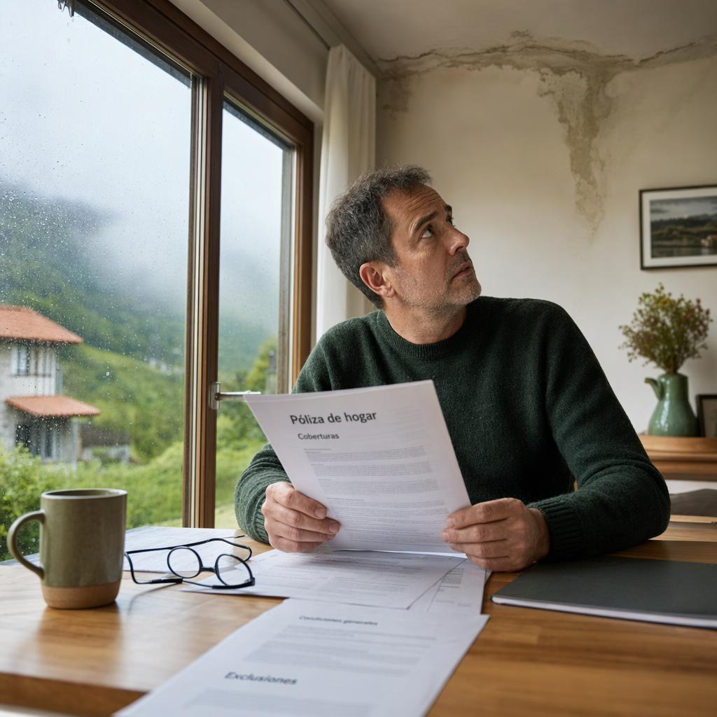 Cobertura insuficiente seguro con hombre revisando póliza y mancha de humedad en el techo junto a una ventana lluviosa