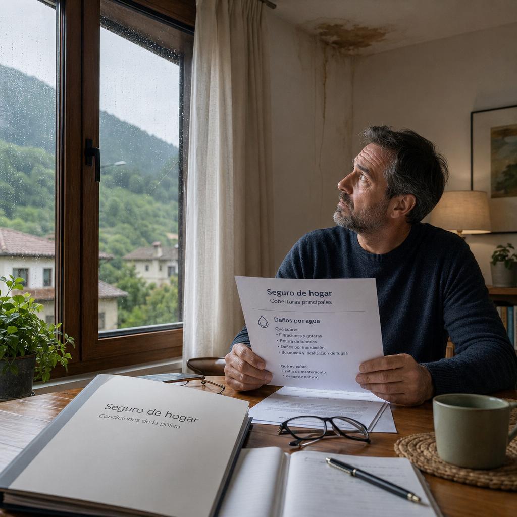 Seguro hogar cambio climático con persona revisando póliza ante mancha de humedad junto a una ventana con lluvia