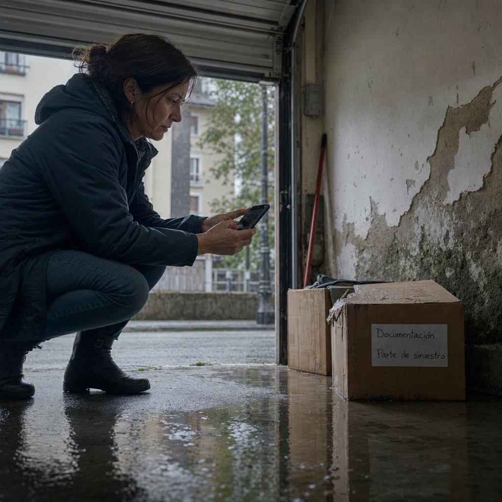 seguro hogar cambio climático con persona fotografiando humedad, charco y cajas mojadas en un garaje