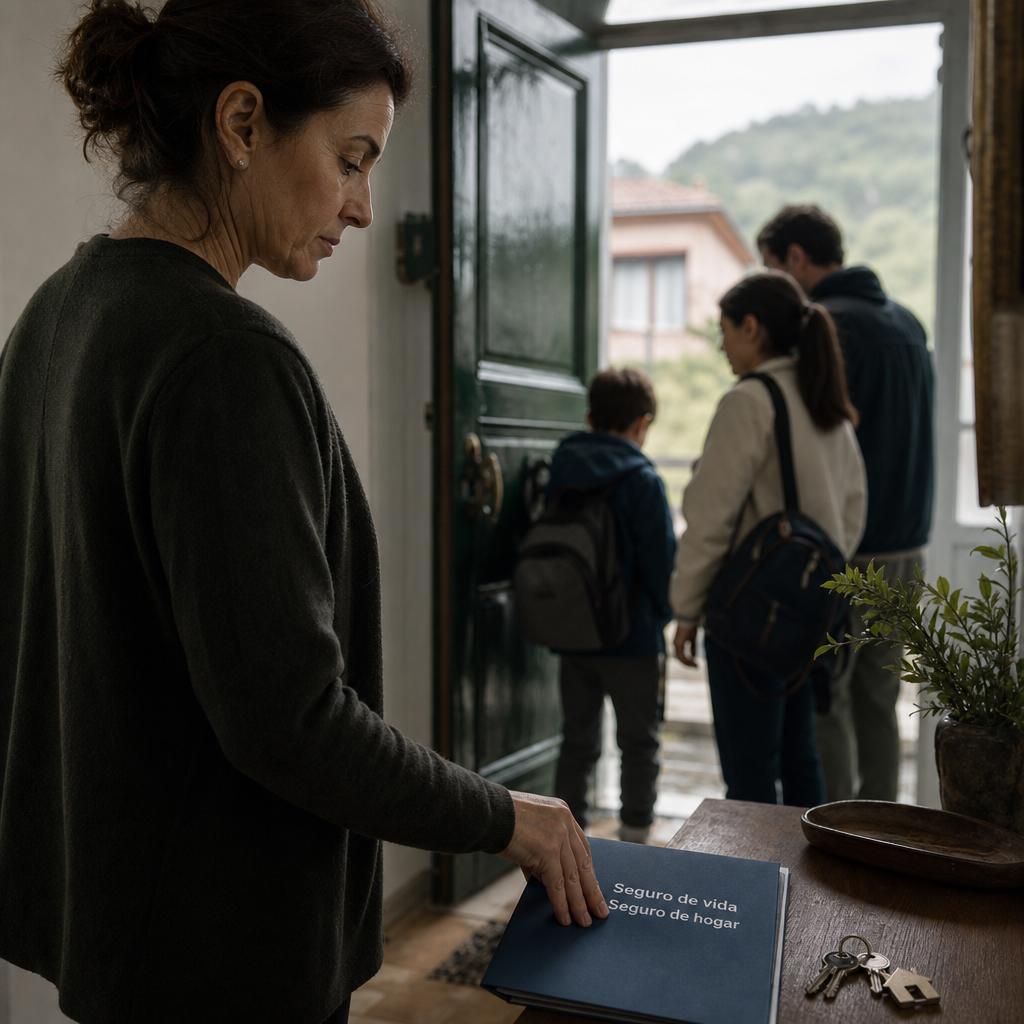 Seguro por amor con persona junto a carpeta de seguros y llaves, familia desenfocada en la puerta
