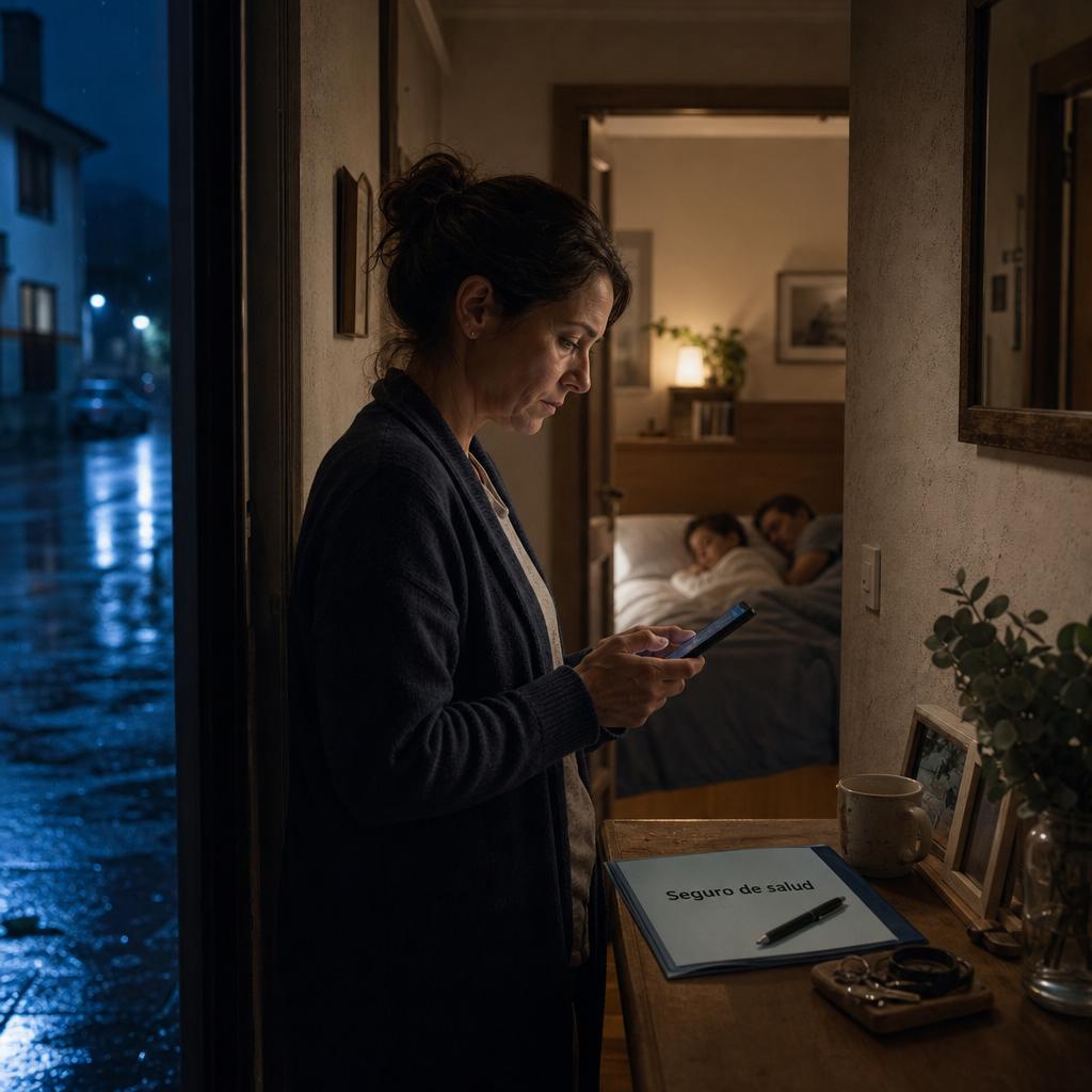Seguro salud mental con mujer usando móvil en casa de noche y familia dormida al fondo