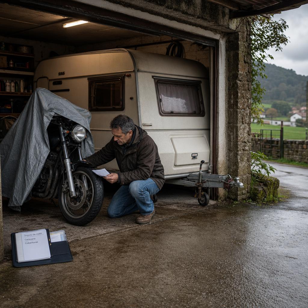 Persona revisa neumático de una moto junto a caravana y carpeta de seguro caravana moto en garaje