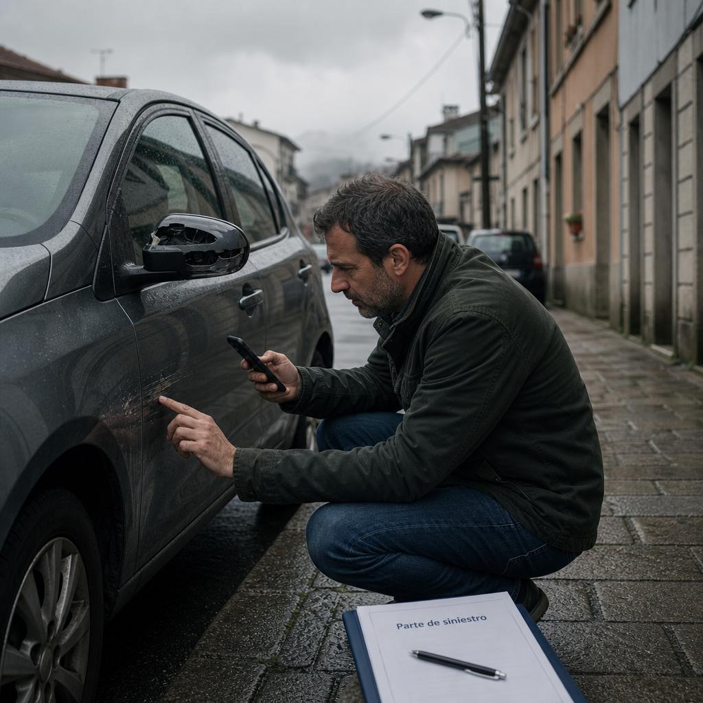 seguro coche completo con persona revisando retrovisor roto y arañazo en coche aparcado bajo la lluvia