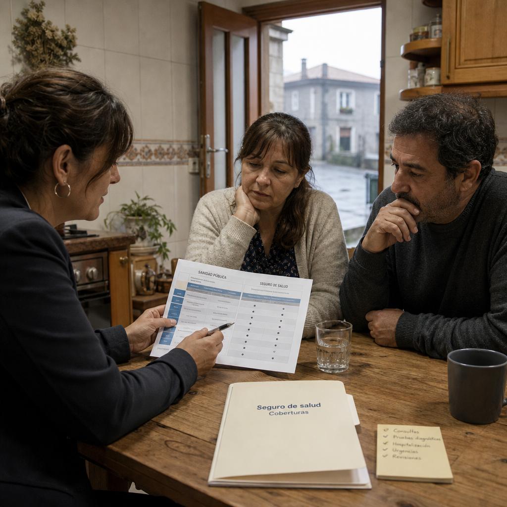 Seguro salud privado ventajas con asesora explicando coberturas a una pareja en una cocina con luz suave