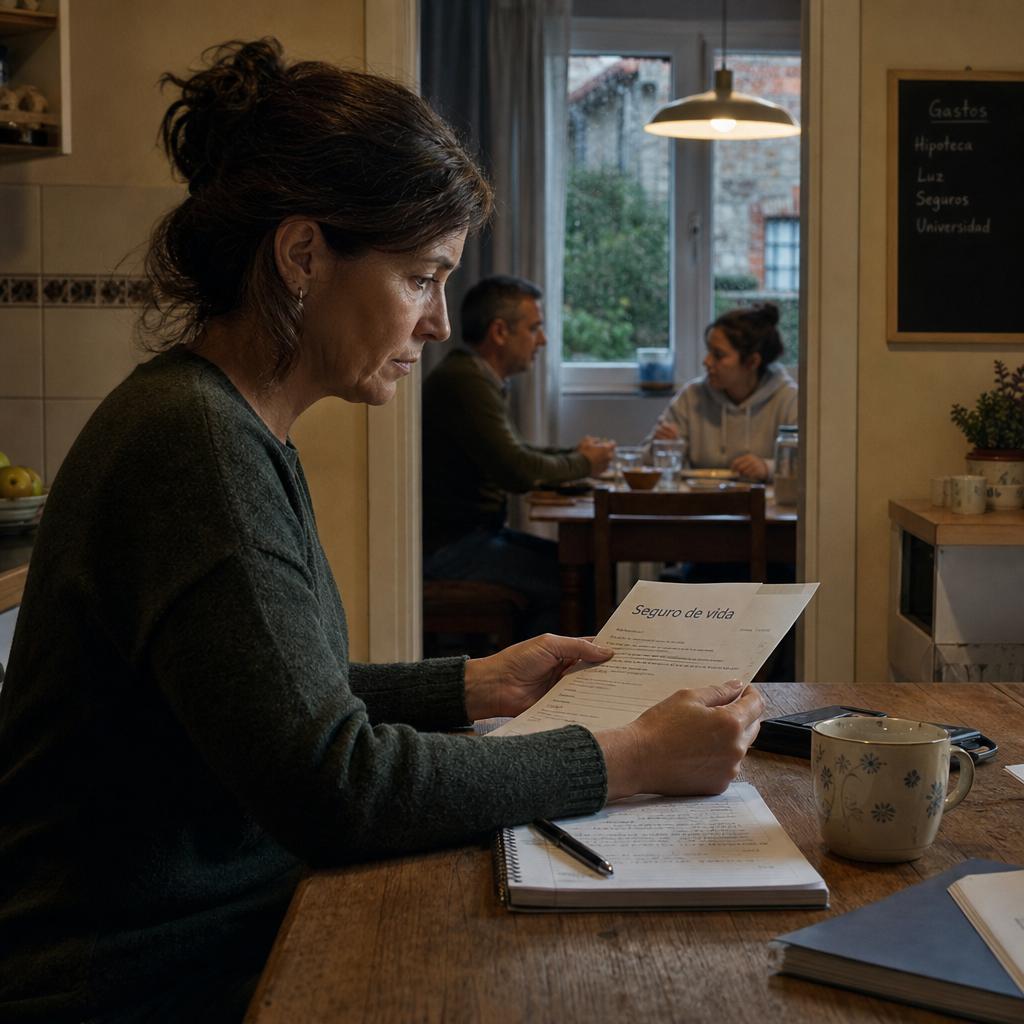Cobertura seguro vida con persona revisando un documento en una cocina familiar al atardecer