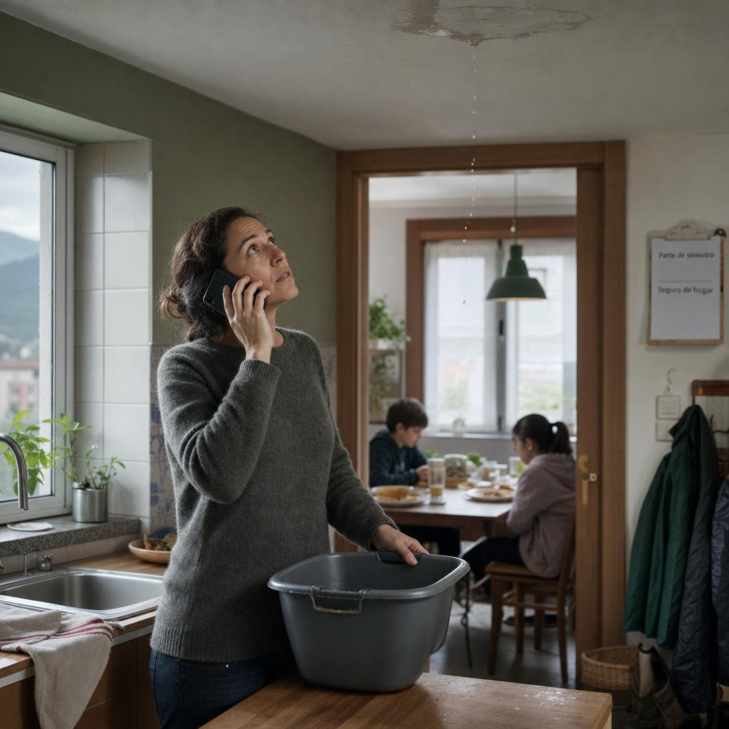seguro tranquilidad con persona llamando por una gotera en el techo de una cocina familiar