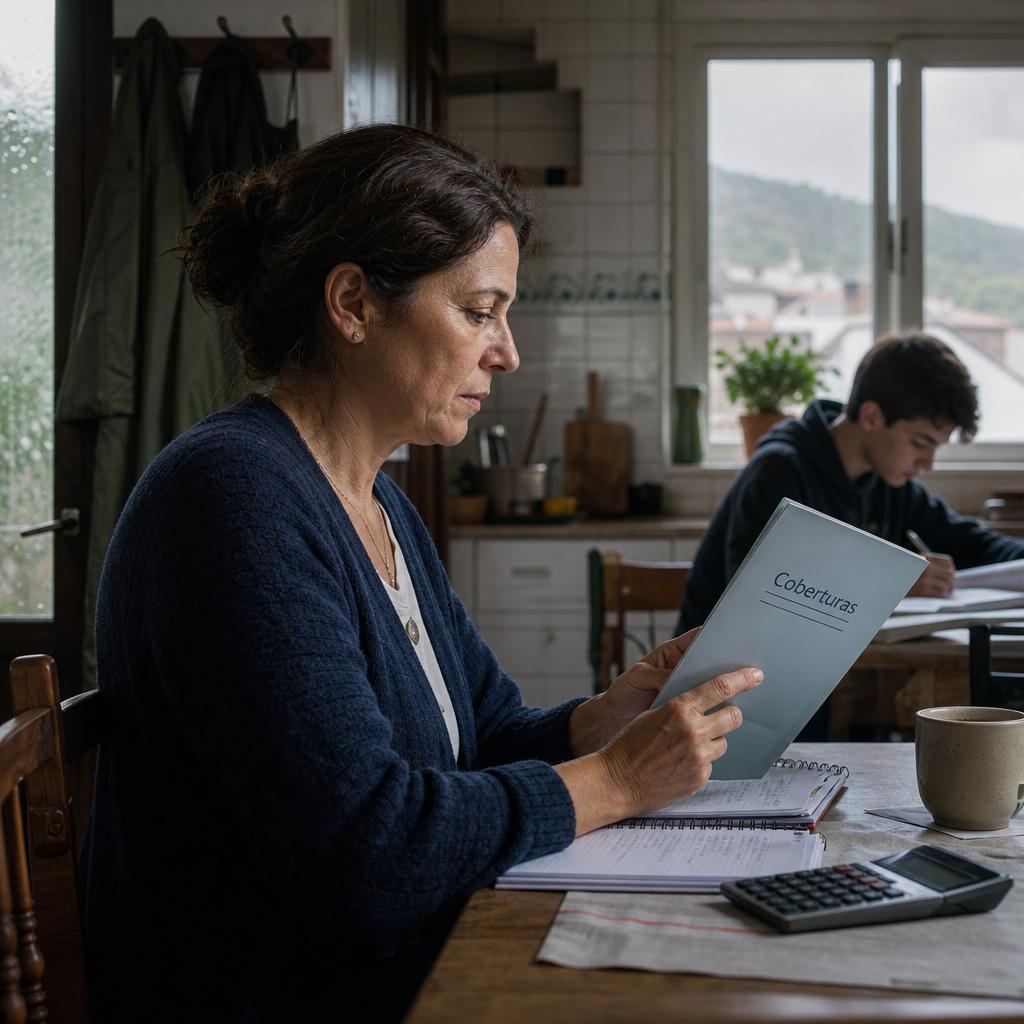 Seguro familiar completo con persona revisando coberturas en una cocina y joven estudiando al fondo