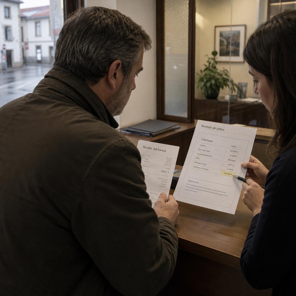 Comparar seguros baratos en una oficina local con asesor revisando coberturas y recibo del banco