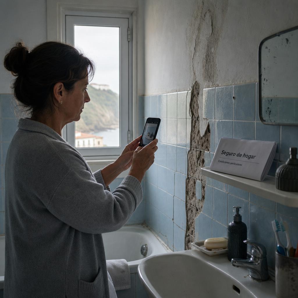 Persona fotografiando humedad y azulejos rotos en baño con coberturas seguro hogar raras