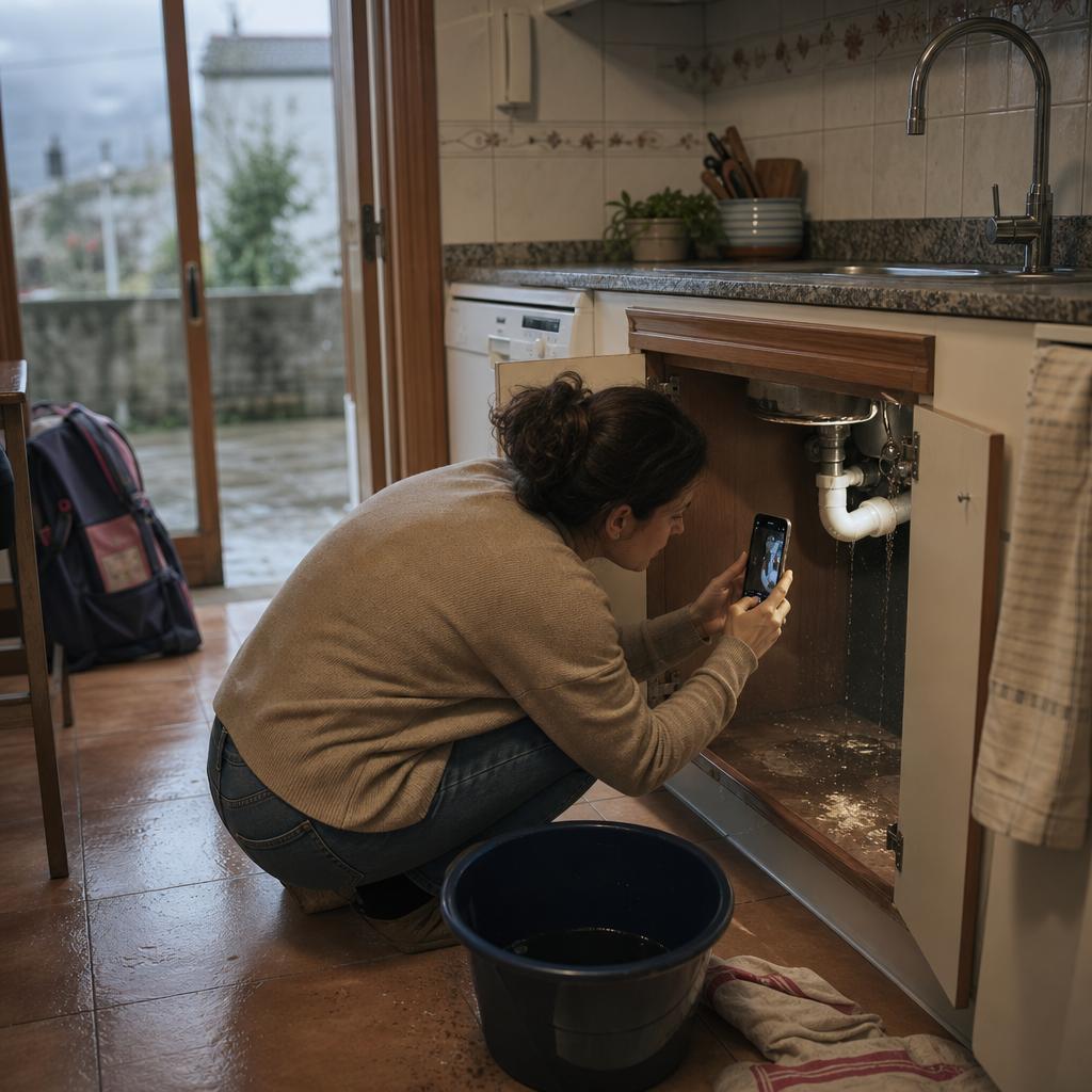 seguro hogar diario con persona fotografiando una fuga bajo el fregadero y cubo en cocina