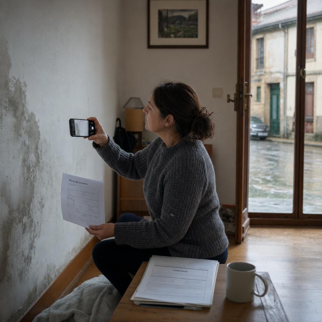 cobertura insuficiente seguro con persona fotografiando humedad en pared y parte de siniestro