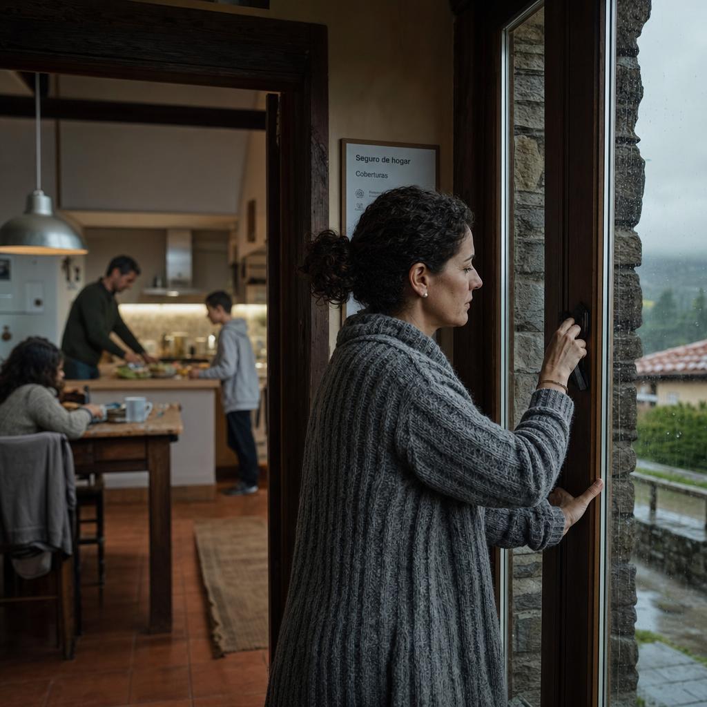 Previsión con seguros al revisar una ventana mientras la familia queda al fondo de la cocina