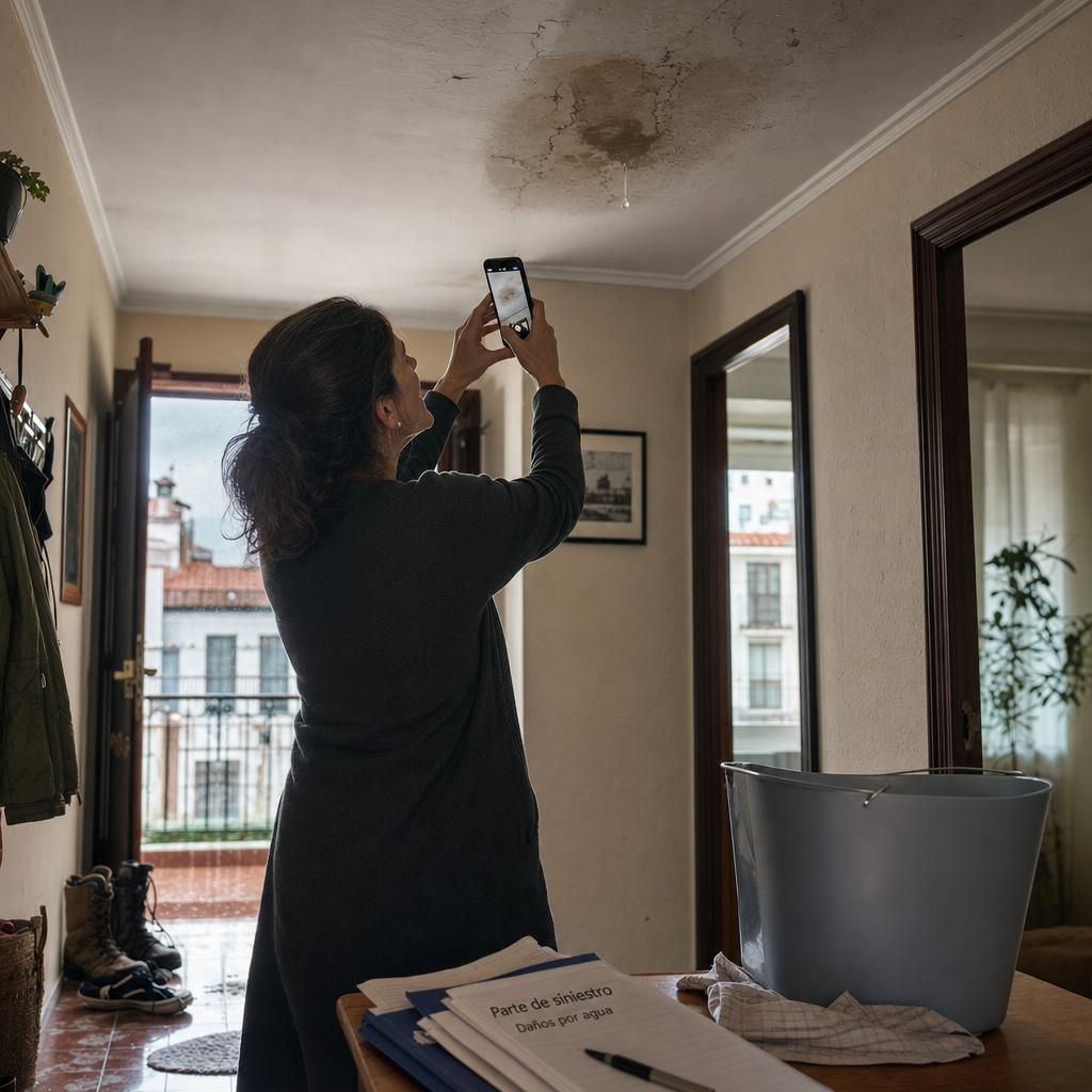 Seguro hogar cambio climático con persona fotografiando una gotera y manchas de humedad en el techo