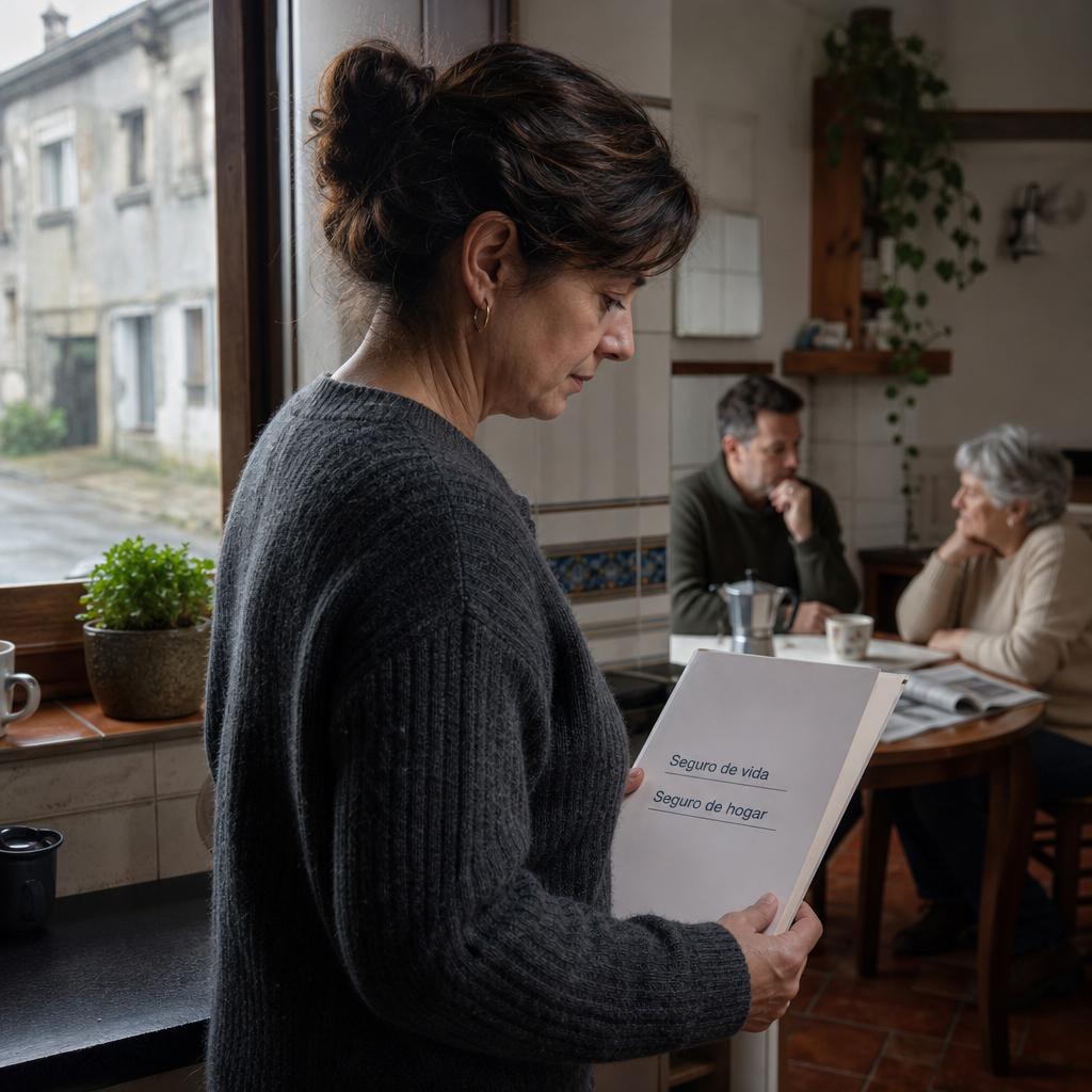 Seguro por amor con persona leyendo una carpeta en cocina y familiares desenfocados al fondo