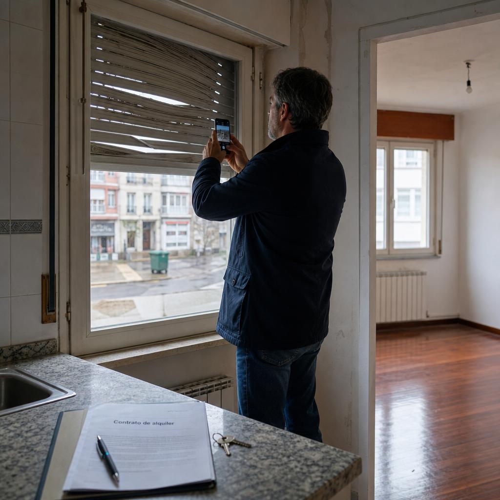 seguro alquiler propietarios con persona fotografiando una persiana rota junto a contrato y llaves