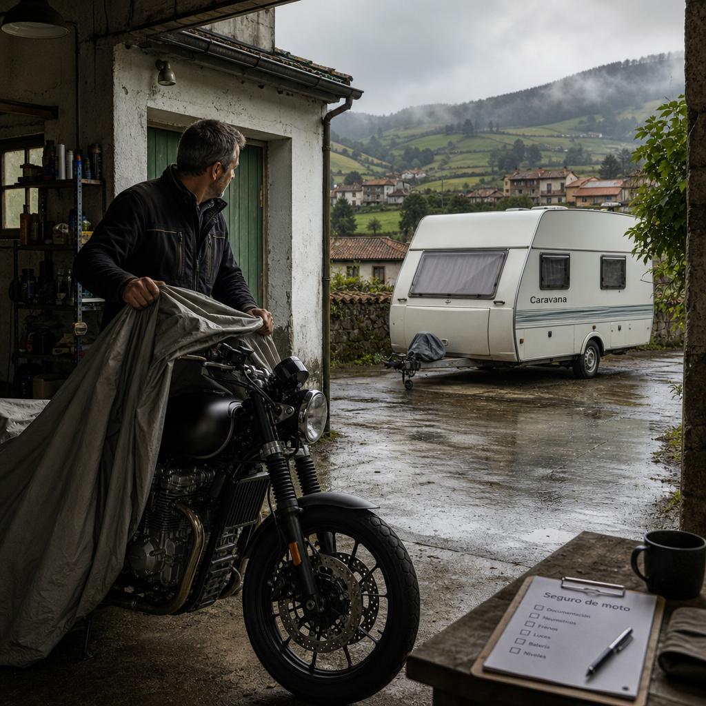 seguro caravana moto con persona descubriendo una moto en garaje y caravana aparcada bajo lluvia