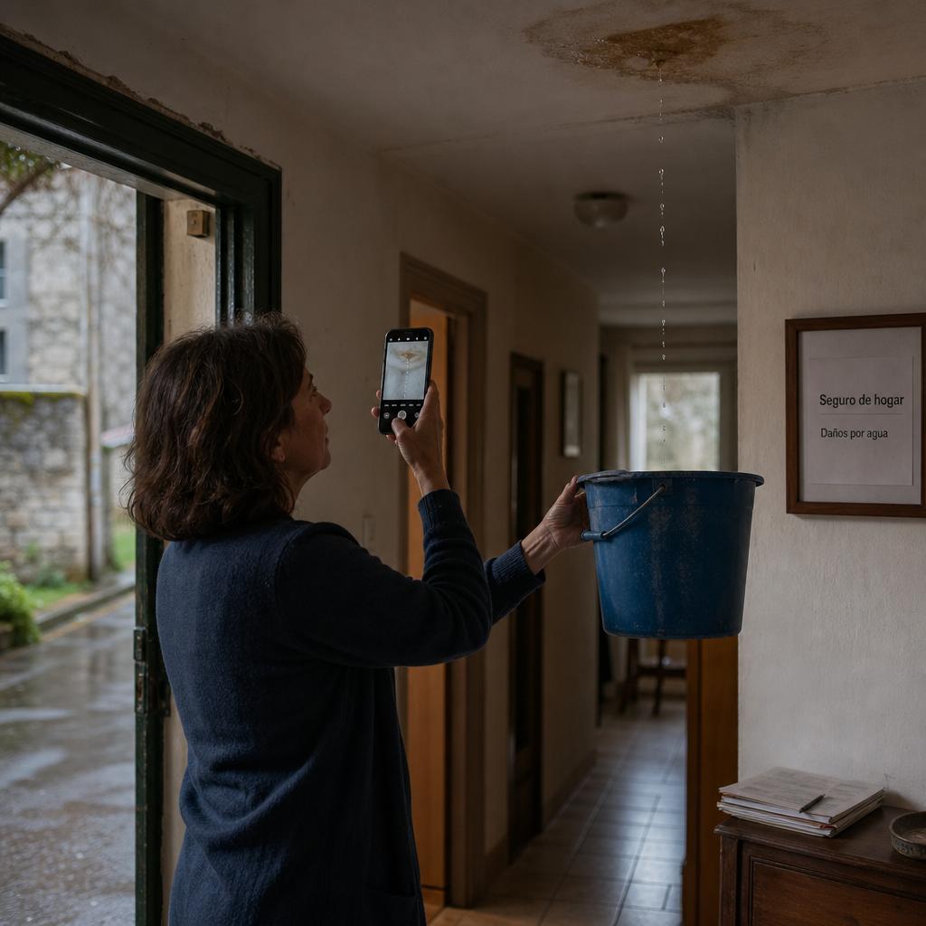 Seguro hogar tormentas con persona fotografiando una gotera y cubo azul bajo el techo