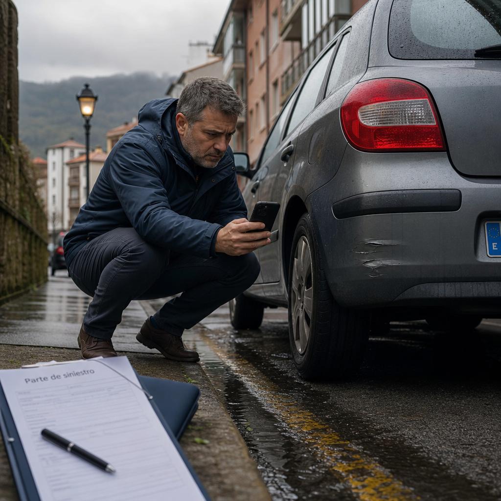 Persona agachada fotografía un golpe del coche para seguro coche completo en una calle mojada de Asturias
