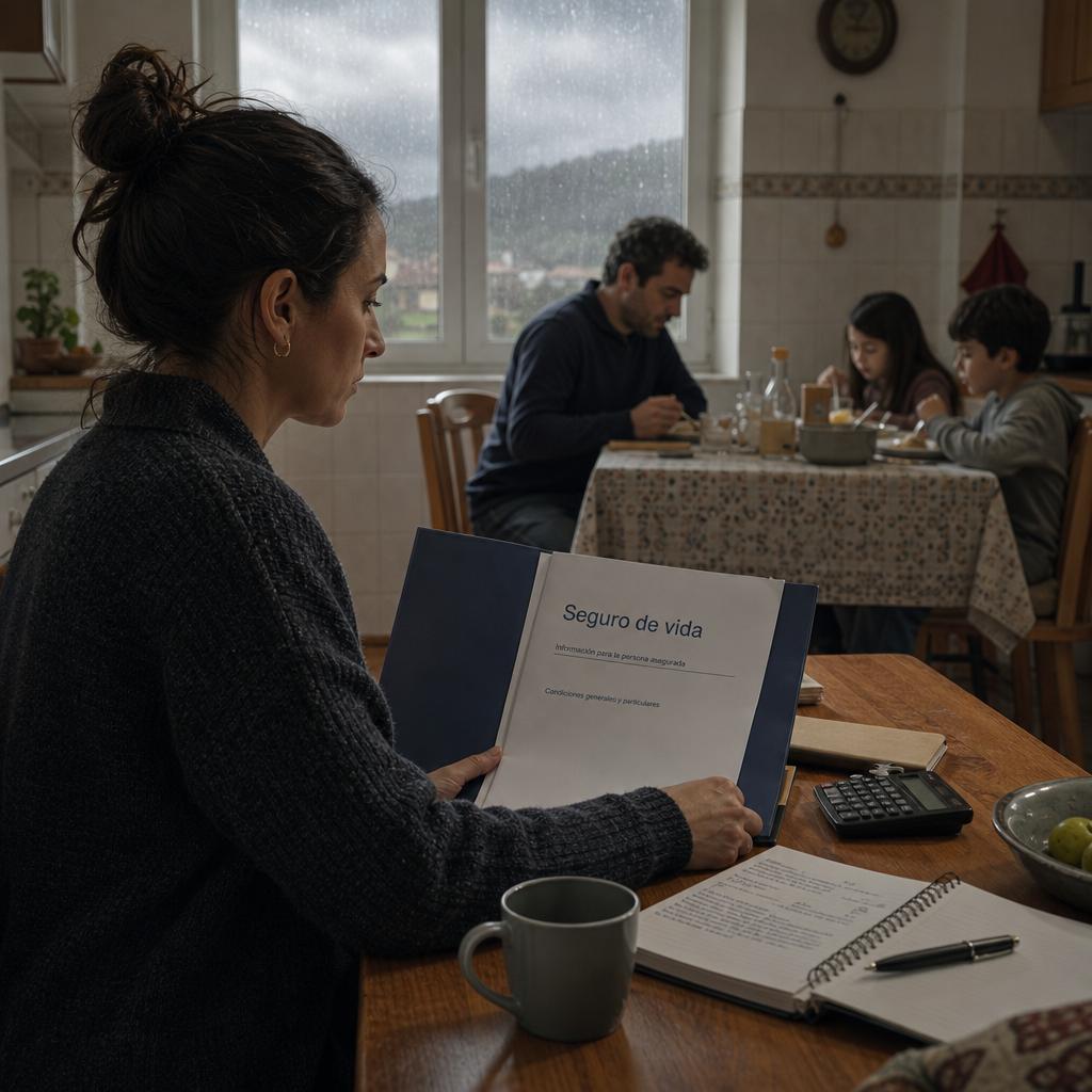 Cobertura seguro vida con persona revisando una póliza en cocina, familia cenando al fondo y lluvia en la ventana
