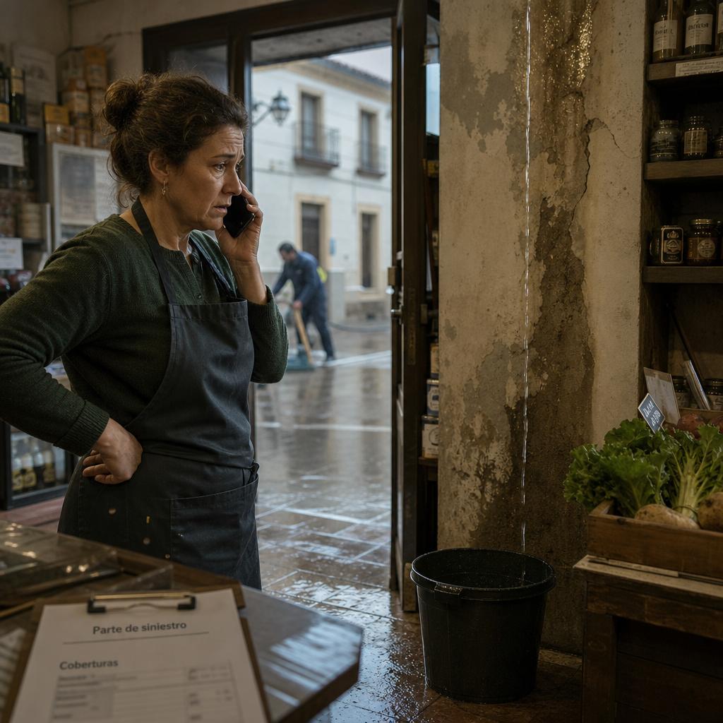Proteger patrimonio seguro en tienda local con filtración, cubo y propietaria llamando por teléfono