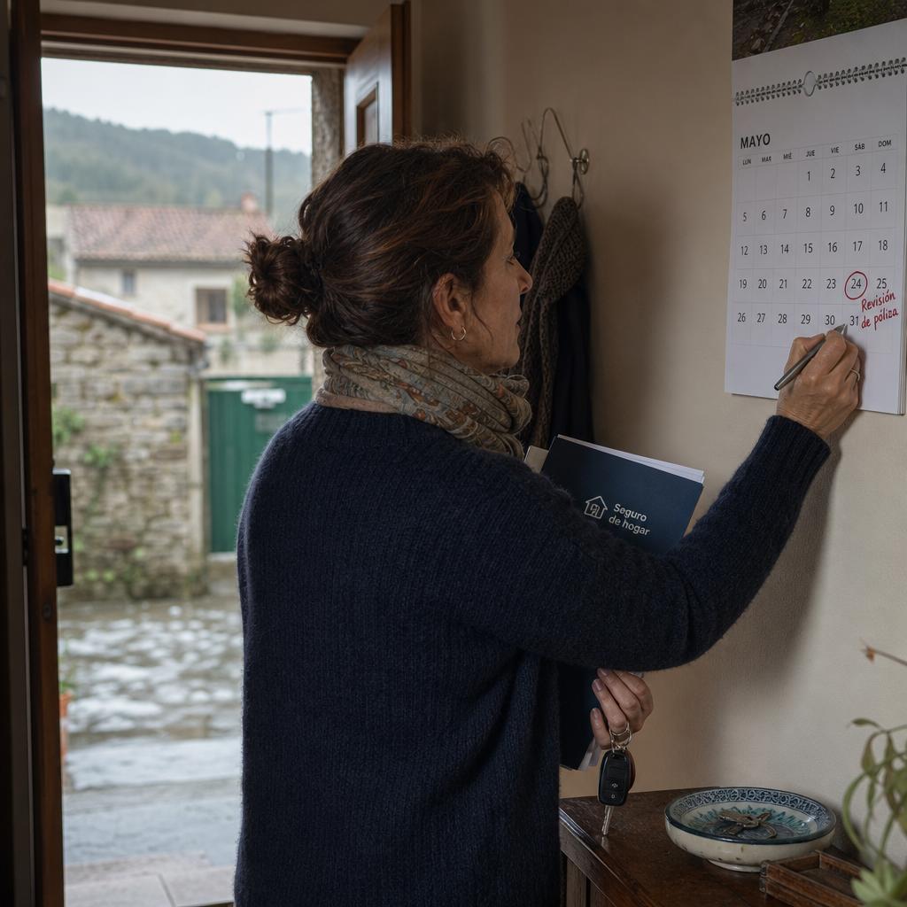 revisar pólizas seguro con persona marcando una revisión de póliza en calendario junto a llaves y carpeta