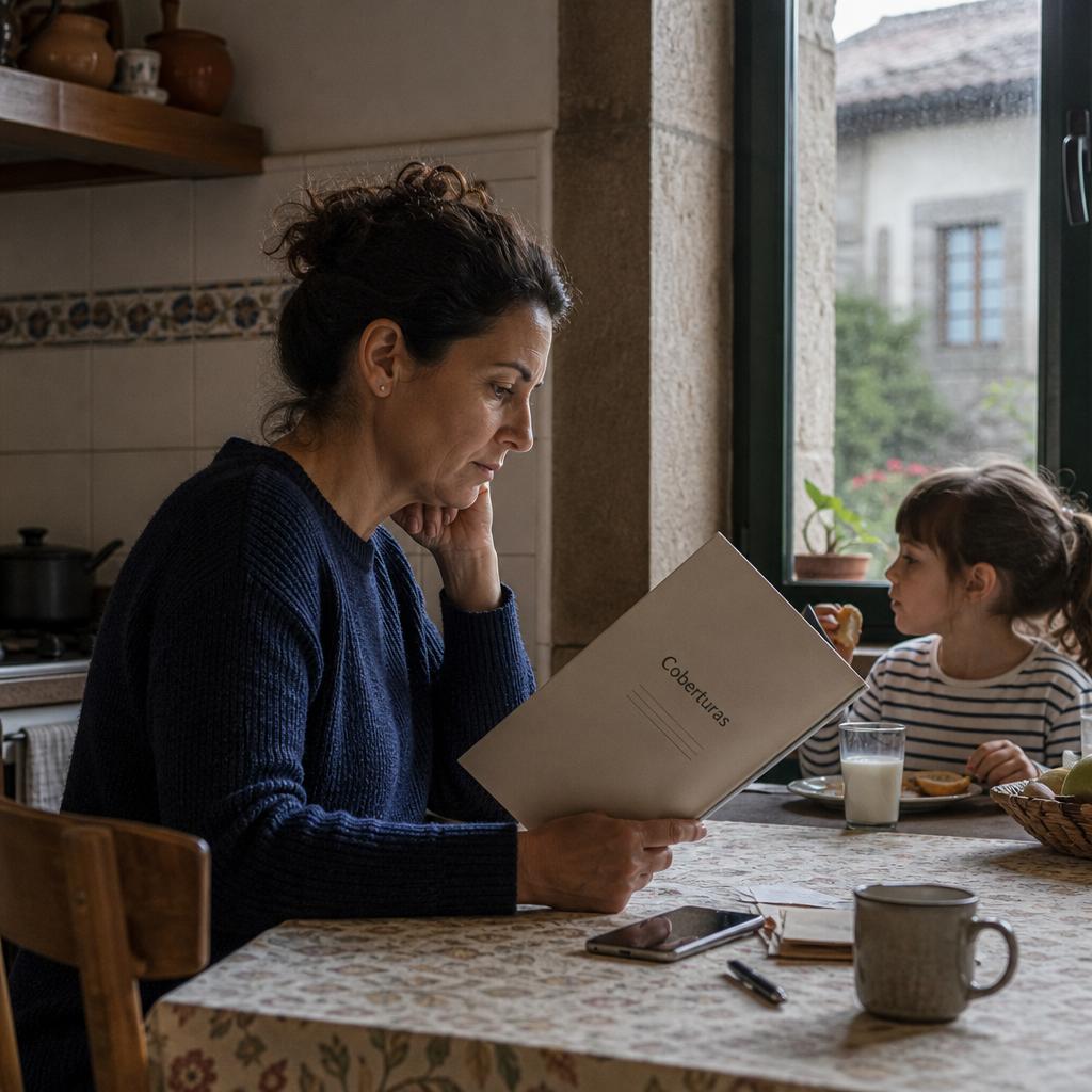 Seguro familiar completo con persona revisando coberturas en una cocina mientras una niña merienda junto a la ventana