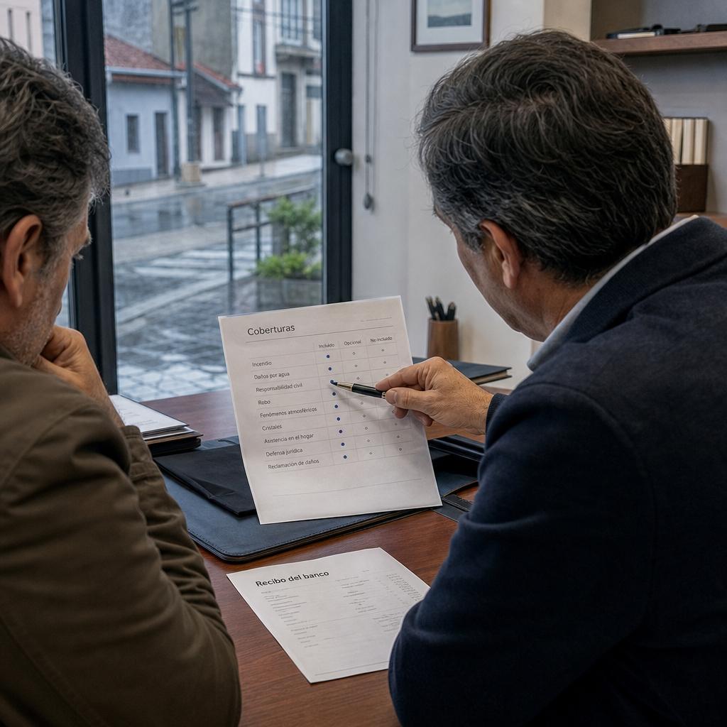 comparar seguros baratos en oficina con asesor señalando una hoja de coberturas y recibo del banco