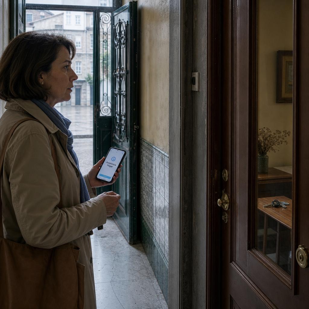 coberturas seguro hogar raras con persona en portal, móvil en mano y llaves visibles dentro de casa