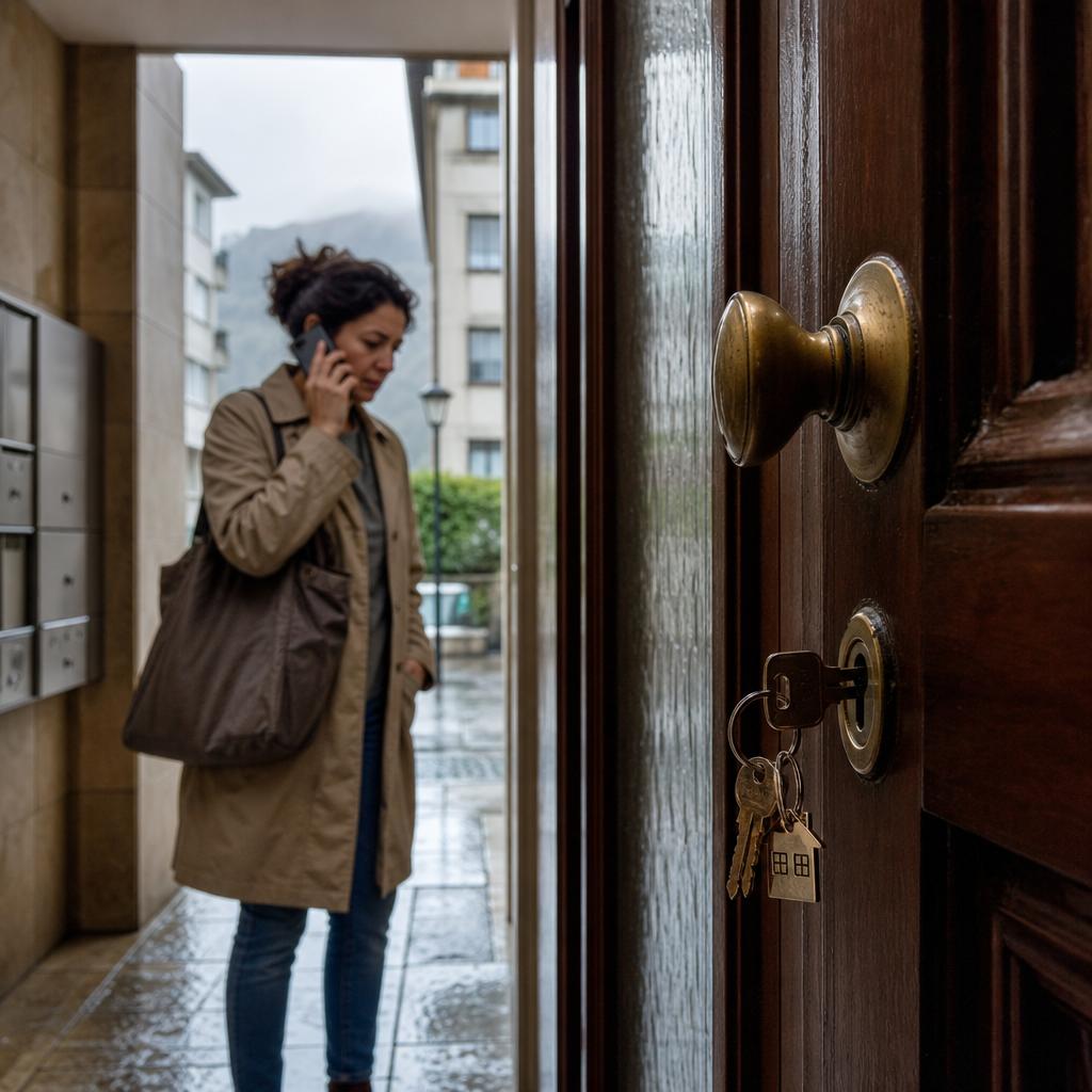 seguro hogar diario con llaves en puerta y persona llamando en portal lluvioso
