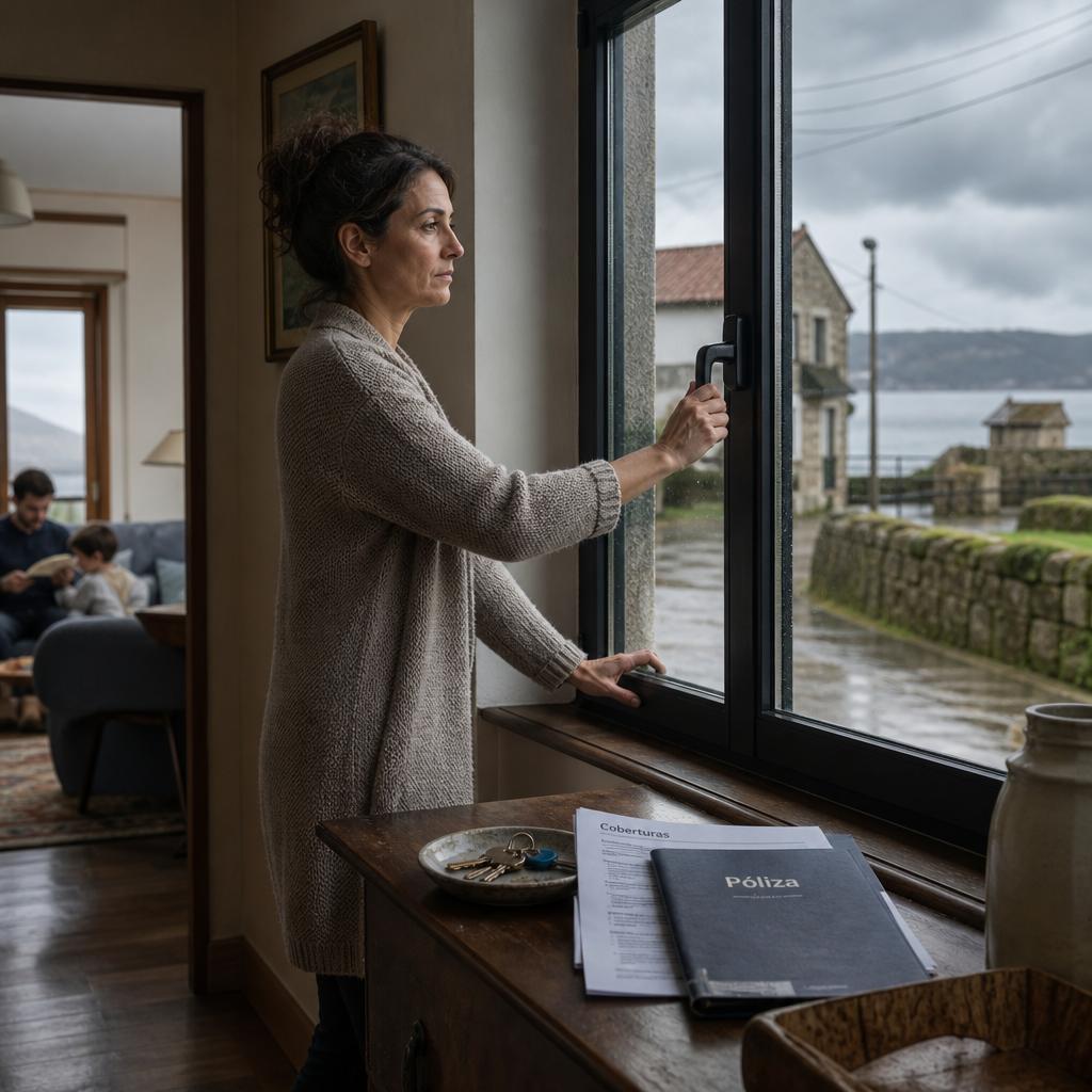 previsión con seguros en hogar asturiano con persona cerrando una ventana, llaves y póliza sobre una consola