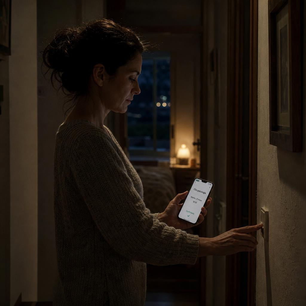 Seguro salud mental con persona en pasillo nocturno apagando la luz y móvil con cita de psicología