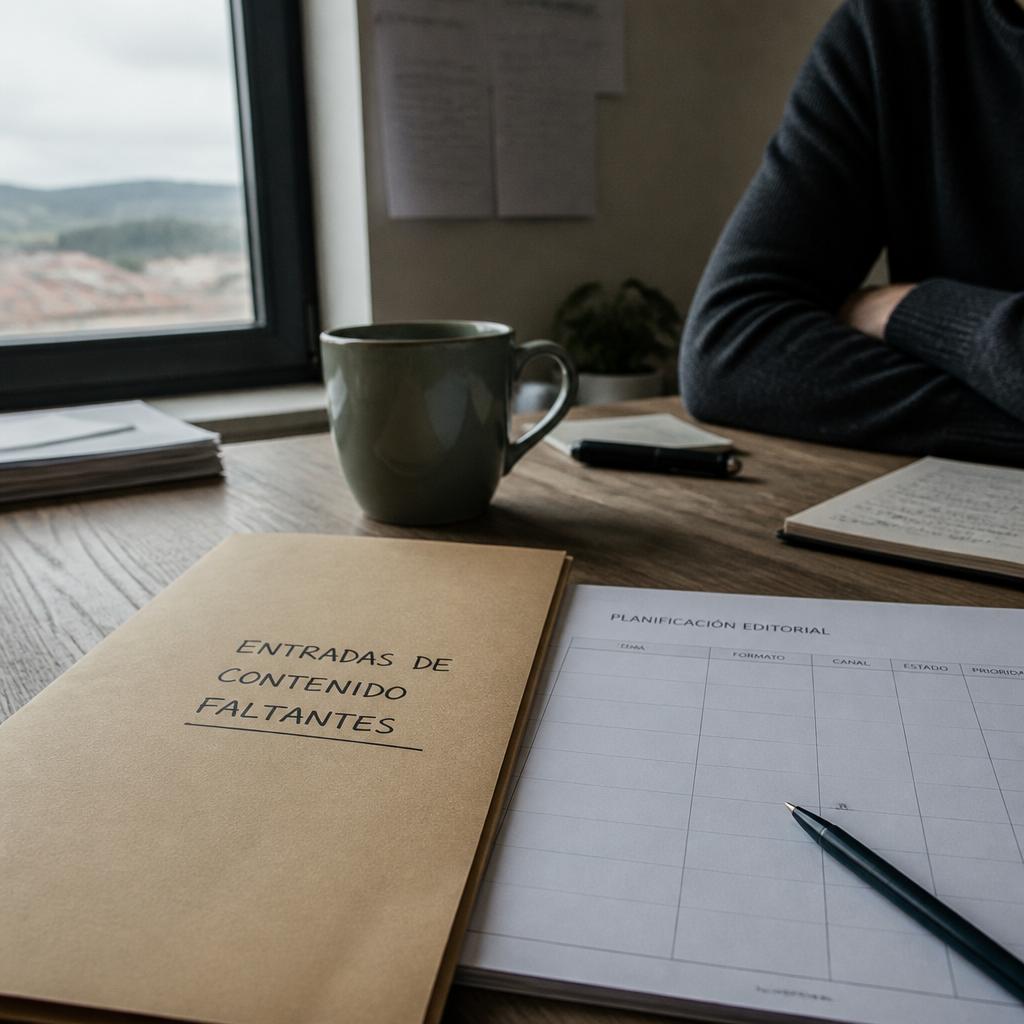 Entradas de contenido faltantes en carpeta sobre mesa con hoja de planificación, taza y persona al fondo