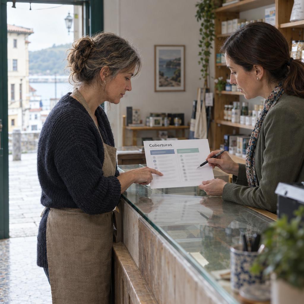 Dos personas revisan una hoja de coberturas sobre el mostrador de una tienda para valorar un seguro salud empresa