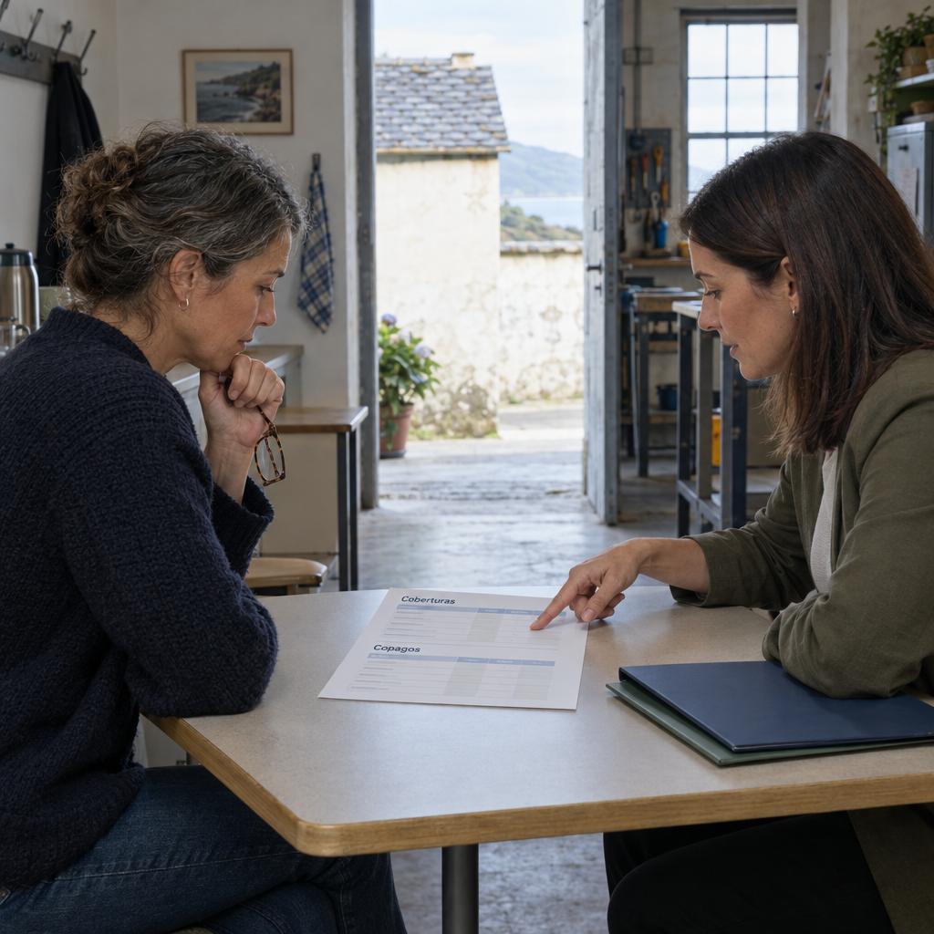 Dos personas revisan una comparativa sobre cambiar seguro salud empresa en una mesa con dos carpetas.