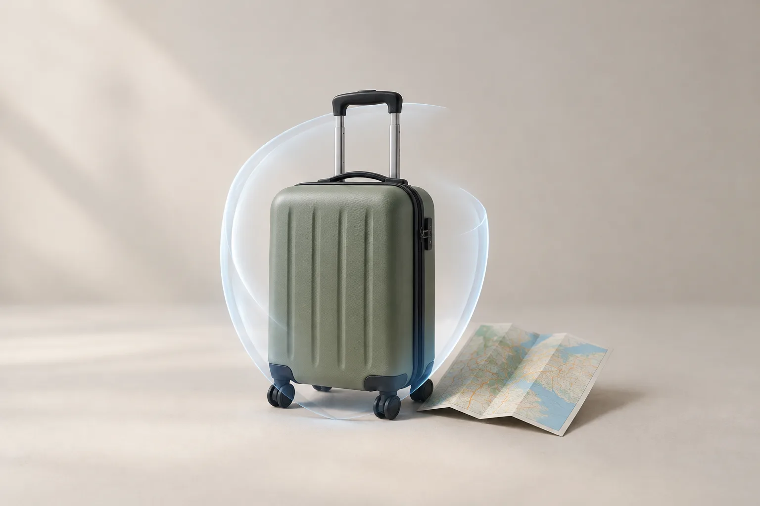 Maleta rígida verde con ruedas y asa telescópica extendida, rodeada por una forma translúcida azulada, junto a un mapa de papel desplegado.