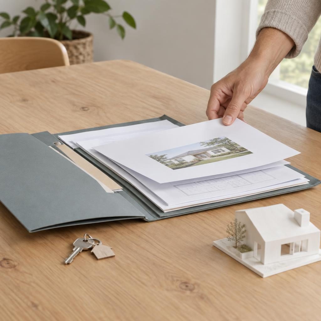 Una persona levanta una hoja con la imagen de una casa de una carpeta abierta con documentos y un plano, junto a unas llaves y una maqueta de vivienda.