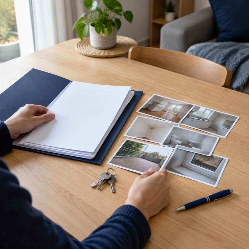 Una persona ante una mesa de madera con una carpeta abierta, hojas sin texto visible, fotografías de una vivienda, un juego de llaves y un bolígrafo azul.