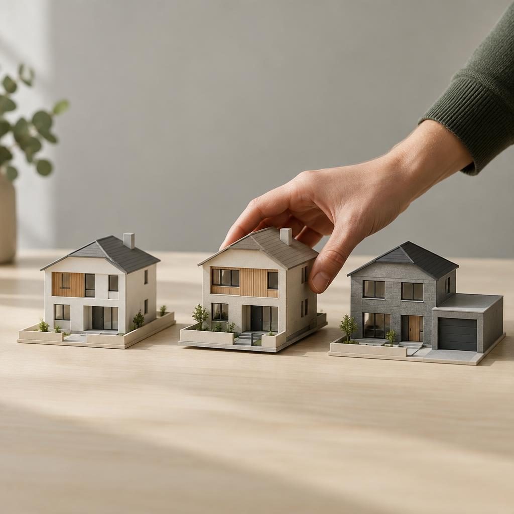 Una mano sujeta por el tejado la maqueta central de tres casas de dos plantas colocadas sobre una mesa de madera.